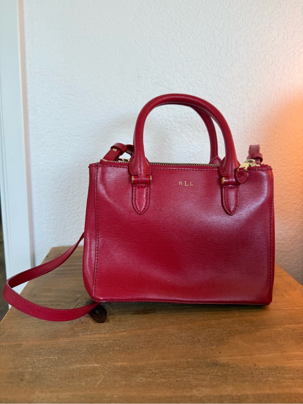 Lauren Ralph Lauren Red Leather Crossbody Bag with Top Handles and Strap